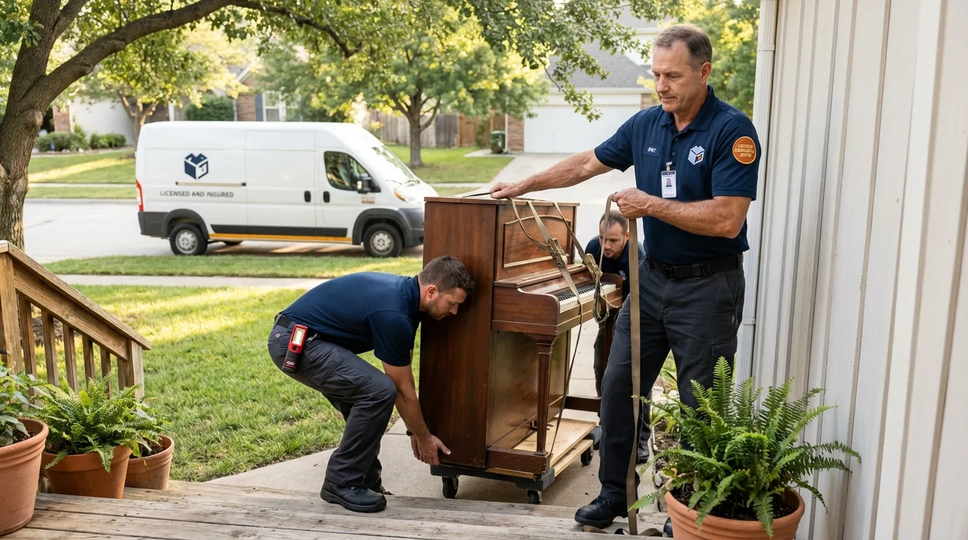 Licensed piano movers securing grand piano in Guayanilla, PR